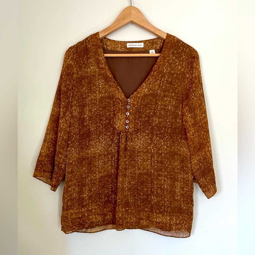 Coldwater Creek V-Neck Blouse Button Front 3/4 Sleeve Lined Printed Brown Size M